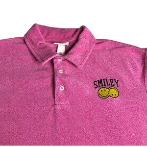 Smiley X H&M Polo Shirt Mens M Pink Terry Relaxed Fit Embroidered Preppy‎ Beach
